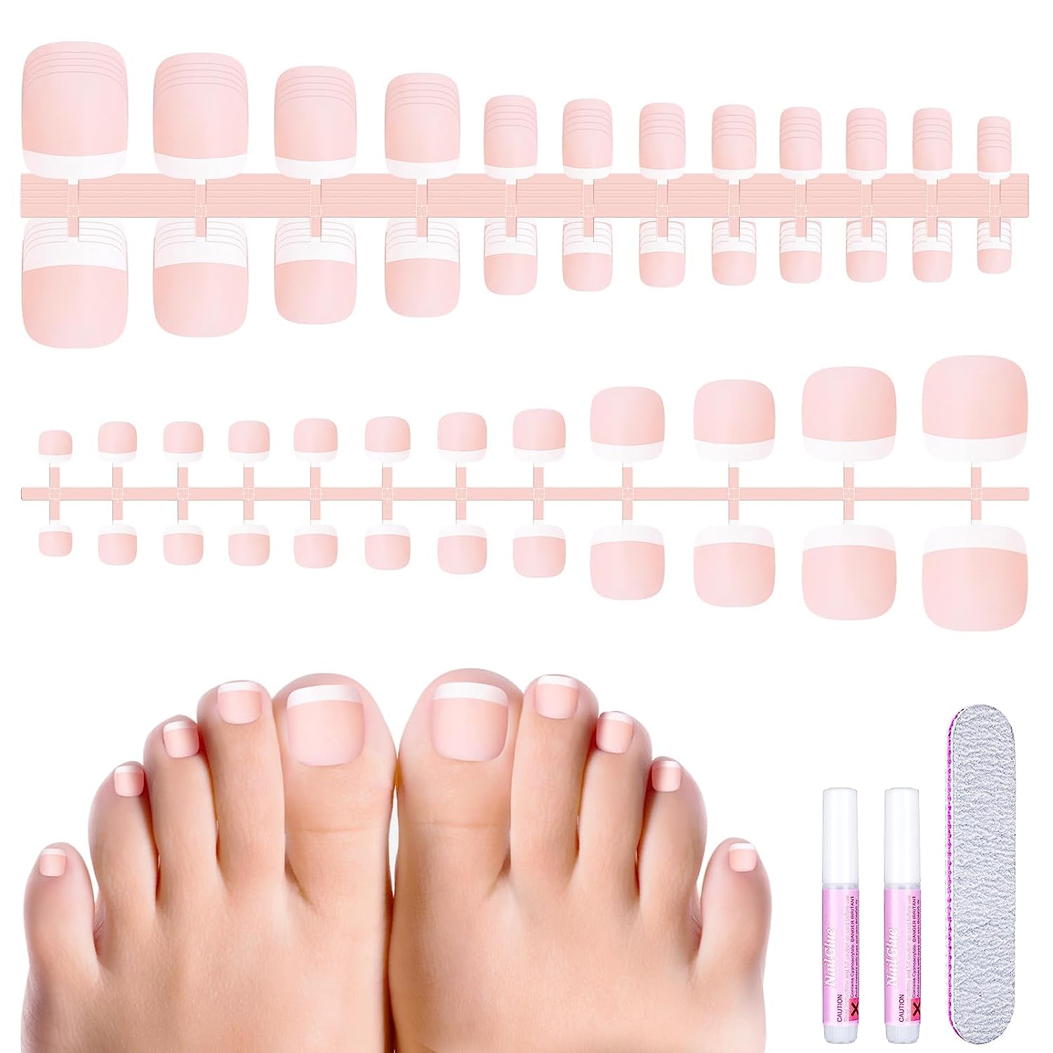Melliex 8 Pieces French False toe Nails with Glue, Full Coverage, Short False Toe Nails, Artificial Acrylic Toe Nails With Nail Files, Stick Toenails for Women Nails