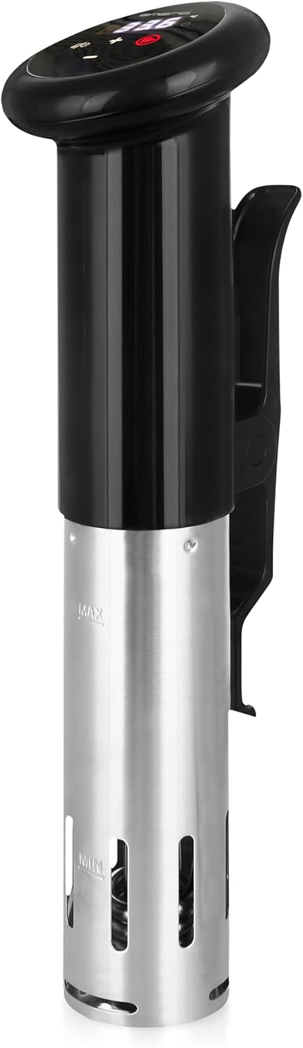 Emerio Sous-Vide Stick, Cooker, Slow Cooker, 1300 Watt, Timer, Water Circulation, 30-95°C Adjustable Thermostat, Digital Display, Waterproof IPX7, MIN - MAX Marking for Water Level, SC-122953