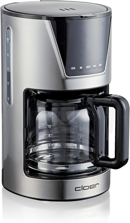 Cloer 5257 Filter Coffee Maker for 12 Cups, Keep Warm Function, Glass Jug, Measuring Spoon, Water Level Indicator, Choice of Aroma Levels, LCD Touch Display, Timer, Filter Size 1 x 4, 900 W, Stainless