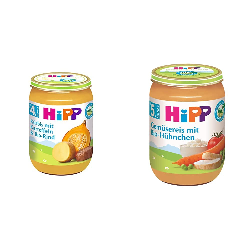 HiPP Kürbis mit Kartoffeln und Bio-Rind, 6er Pack (6 x 190 g) & Gemüsereis mit Bio-Hühnchen, 6er Pack (6 x 190 g)