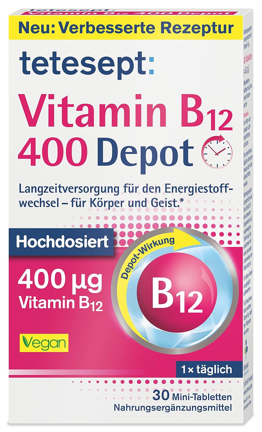 tetesept Vitamin B12 Depot - High Dose with 400 μg Vitamin B12 for Long-term Supply of Energy Metabolism - for Body and Mind - Vegan - 1 x 30 Mini Tablets (Dietary Supplements)