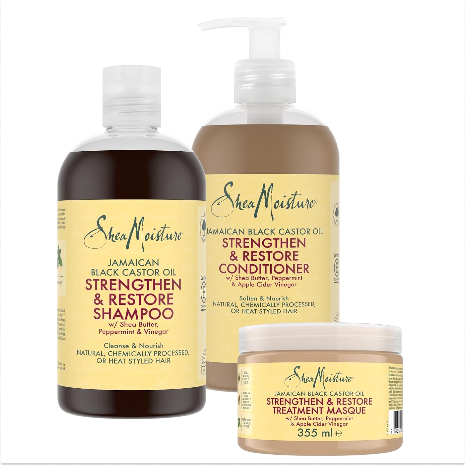 Shea Moisture Jamaican Black Castor Oil Set with Strengthening Masque 1 x 355 ml, Shampoo 1 x 384 ml, Rinse Out Conditioner 1 x 384 ml