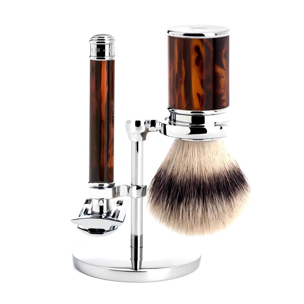 Traditional 3-part razor set, Silvertip Fibre®, with razor planer, grip material Edelharz Schildpa