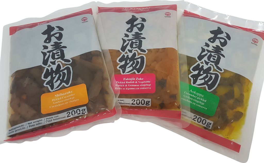 Tsukemono Set of 3 Benishouga Beni-Shoga pickled ginger sticks, Aokappa cucumbers, Fukujinzuke, Shibazuke, Tsukemono, pickled Japanese vegetables 3 x 200g, Japanese food