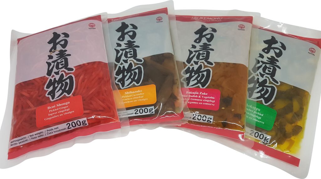 Tsukemono Set of 4 Benishouga Beni-Shoga pickled ginger sticks, Aokappa Kappazuke cucumbers, Fukujinzuke, Shibazuke, Tsukemono, pickled Japanese vegetables 4 x 200g