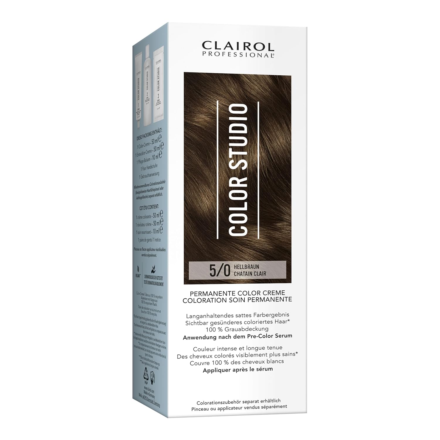 Clairol Professional Color Studio Permanent Hair Color Light Brown 5/0 (110ml) - With Metal Purifier for 6x Less Breakage, 10 Weeks Rich Color Result & 100% Gray Coverage - Includes Hair Treatment