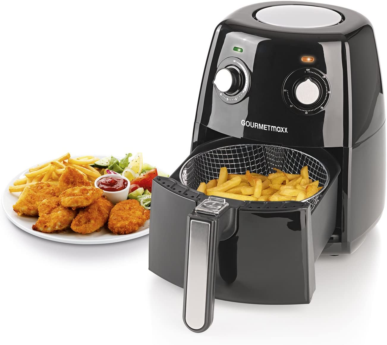 GOURMETmaxx Deep Fryer with XL Basket | Hot Air Fryer without Fat | Hot Air Oven for Low Fat Frying | Timer and Temperature Control [Black/2.5 Litre]
