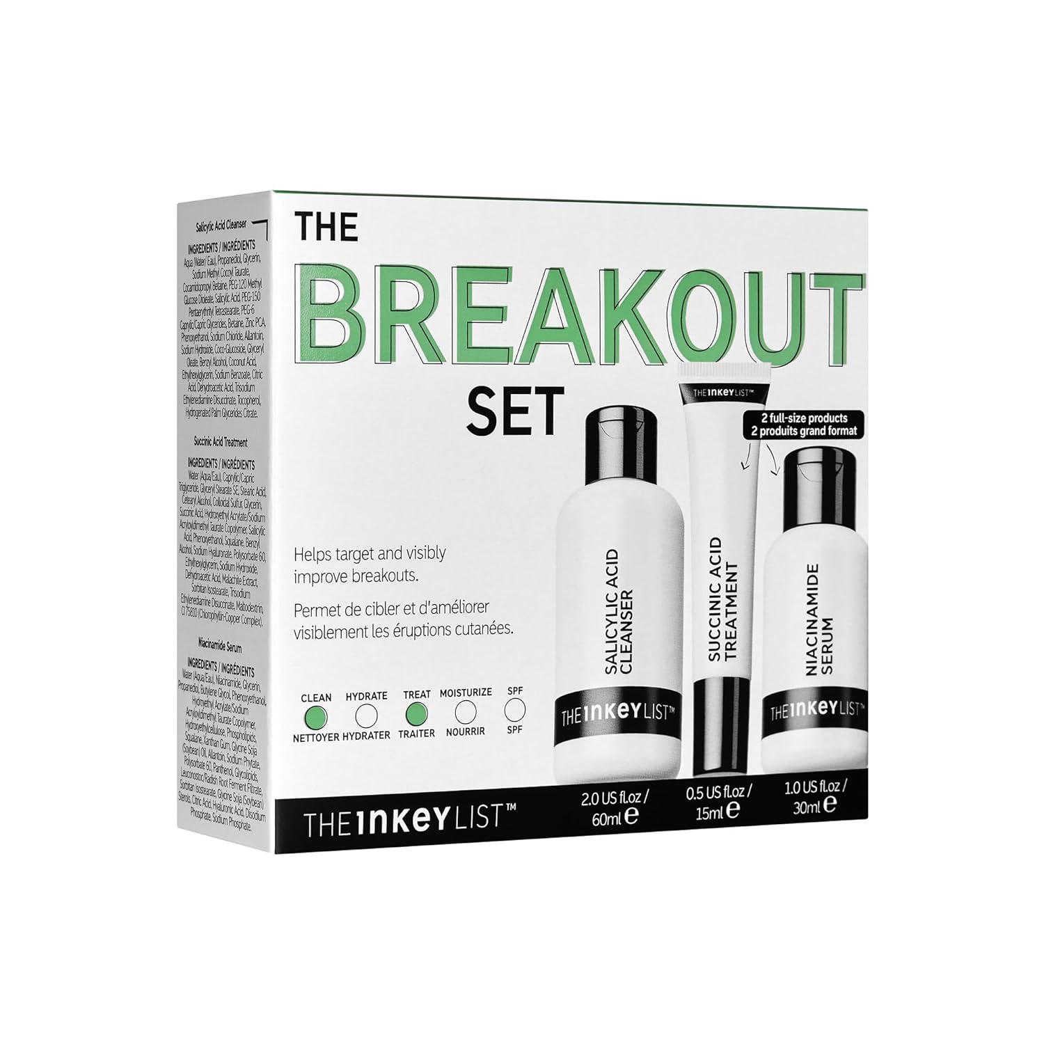 The INKEY List Breakout Set, Salicylic Acid Cleanser, Niacinamide Serum & Succinic Acid Treatment, Nourishing Skincare Set, Targets Breakouts, Suitable for Blemish Prone Skin