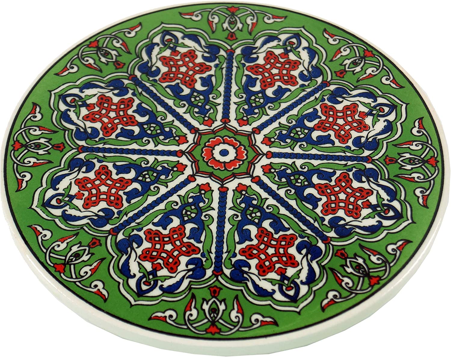 GURU SHOP Oriental Ceramic Coasters, Round Coasters for Glasses, Cups with Mandala Motif Set - Pattern 10, Green, Set of 6, Coasters, Trays