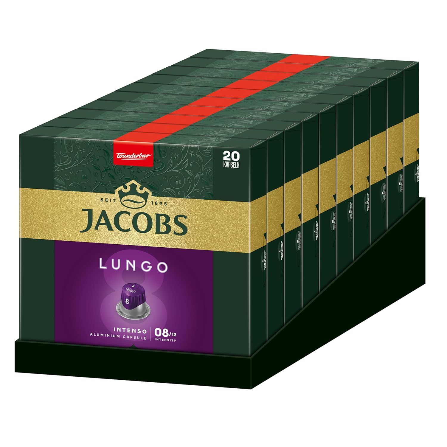 Jacobs Lungo Intenso 8 Coffee Capsules, Nespresso* Compatible Capsules, Intensity 8/12, Intense and Savory Notes, Pack of 200 (10 x 20 Drinks)