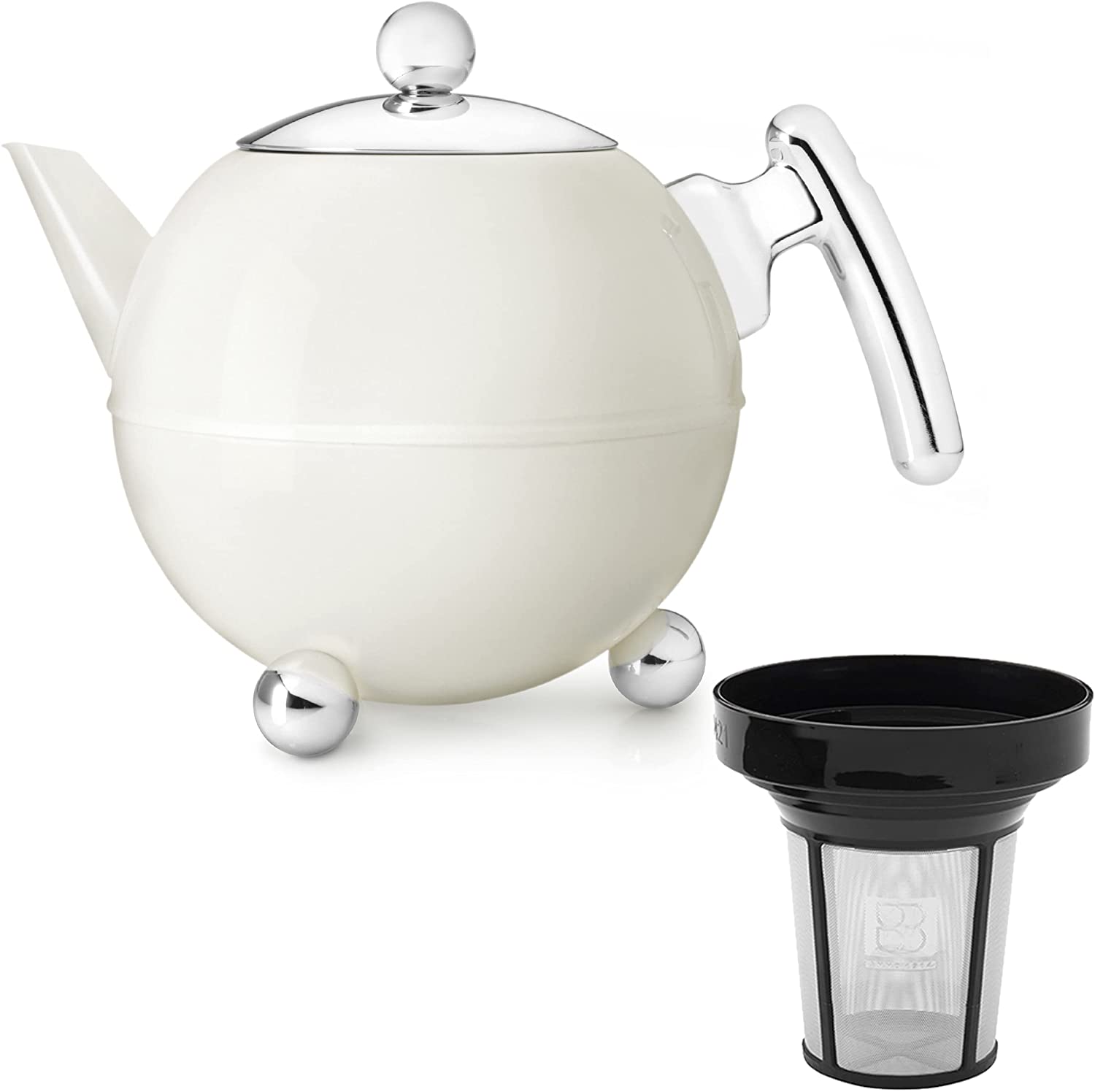 Bredemeijer Stainless Steel Teapot Set 1.2 Litres Cream-White Double-Walled with Tea Filter Strainer
