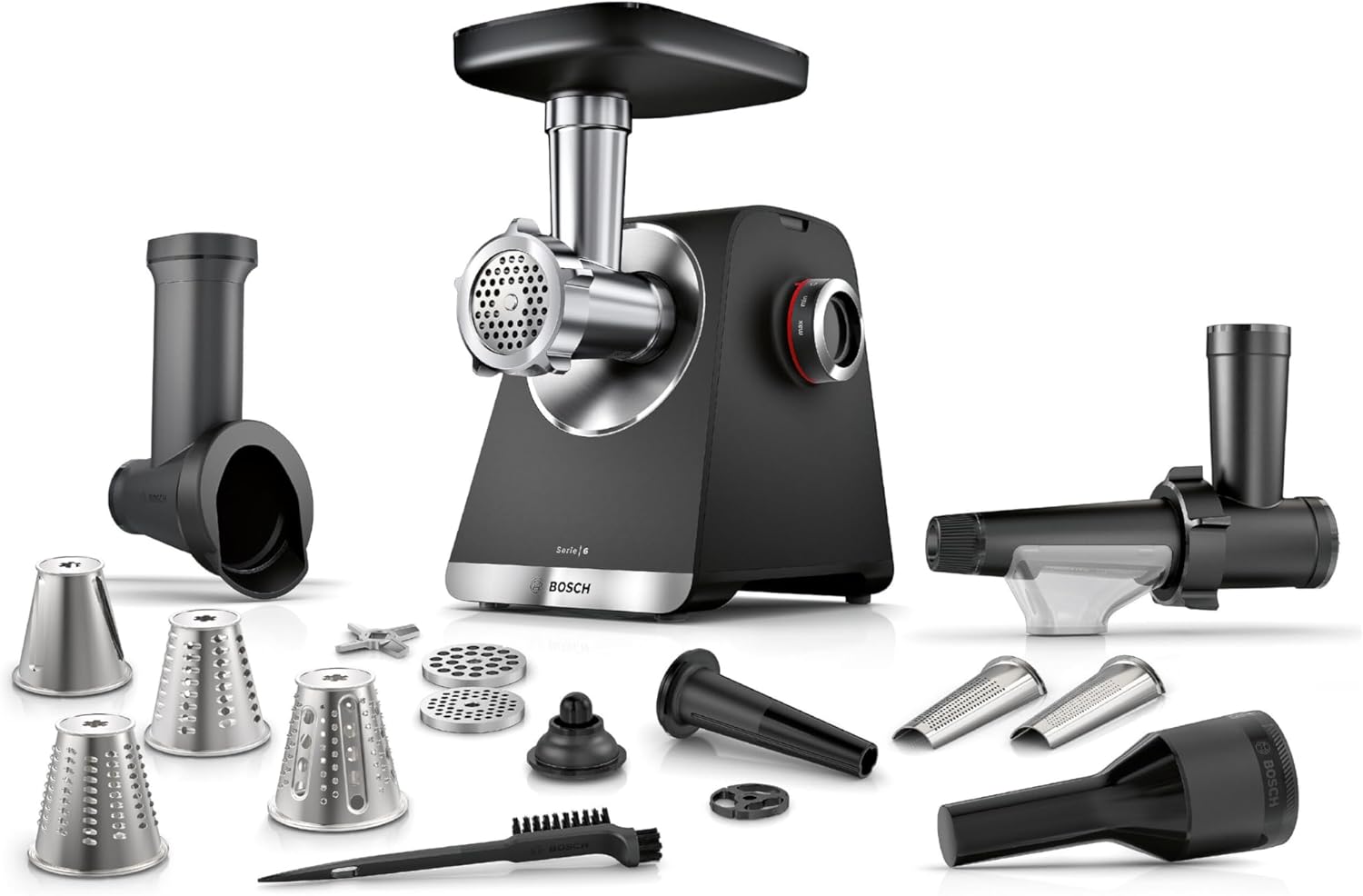 Bosch Meat Mincer Series 6 MFWS660B, 3.5 kg/min., Rasp, 2 Perforated Discs (3 & 8 mm), Fruit Press, 2 Levels, 10 J Motor Warranty, Planetary Geared, Black