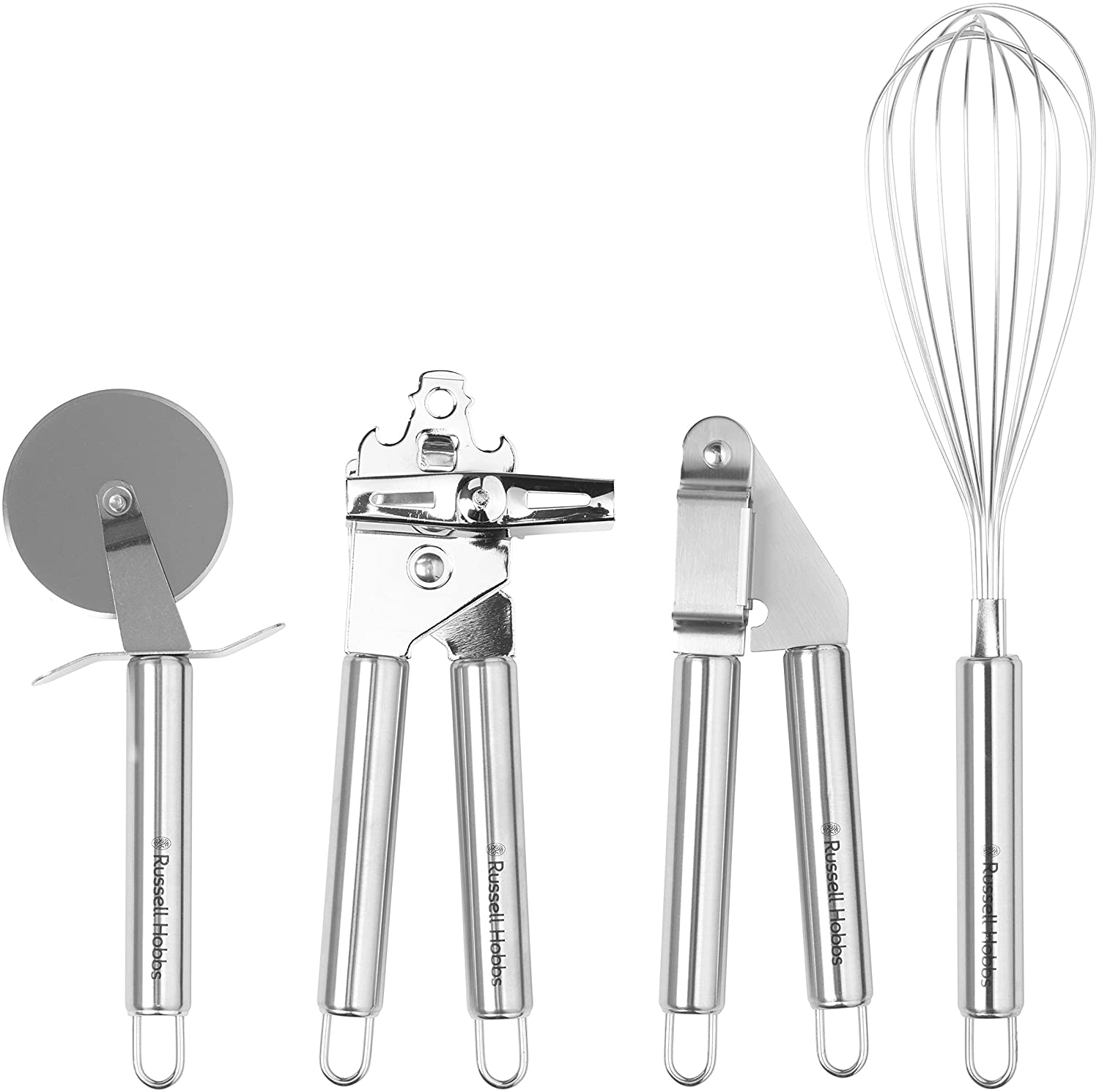 Russell Hobbs 4 Piece Stainless Steel Kitchen Tool Set Silver RH00124 Includes Pizza Cutter, Whisk, Garlic Press and Tin Opener, Stainless Steel