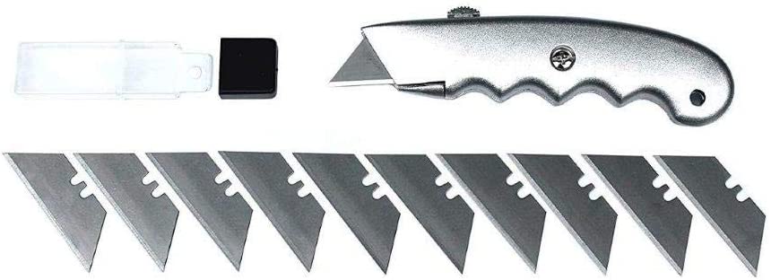 1 utility knife trapezoidal knife – 4 steps blade extension incl. 10 spare blades – cutter ergonomically