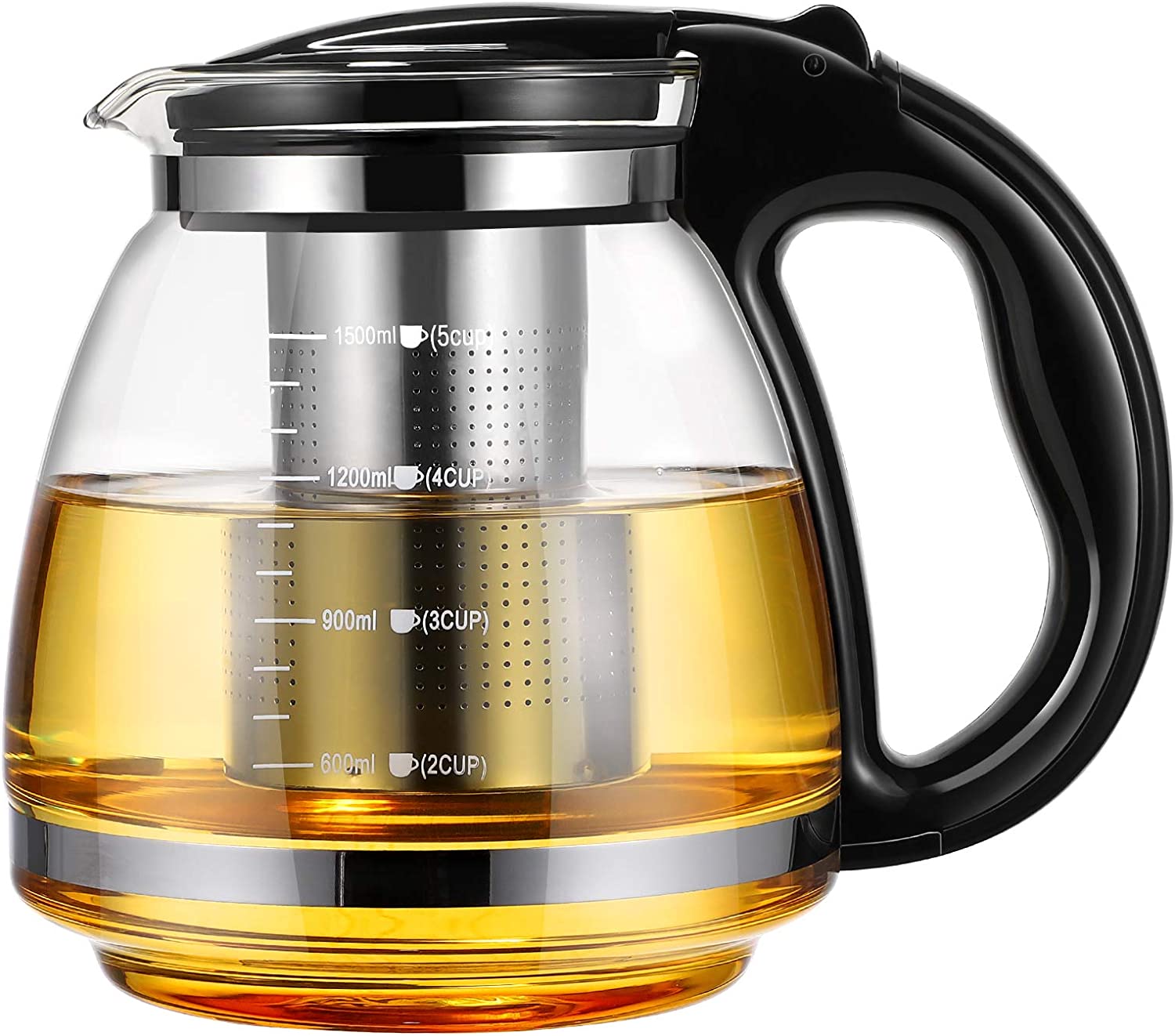OUNONA Glass Teapot Stainless Steel Filter Handle Heat-Resistant 1500 ml (Black)