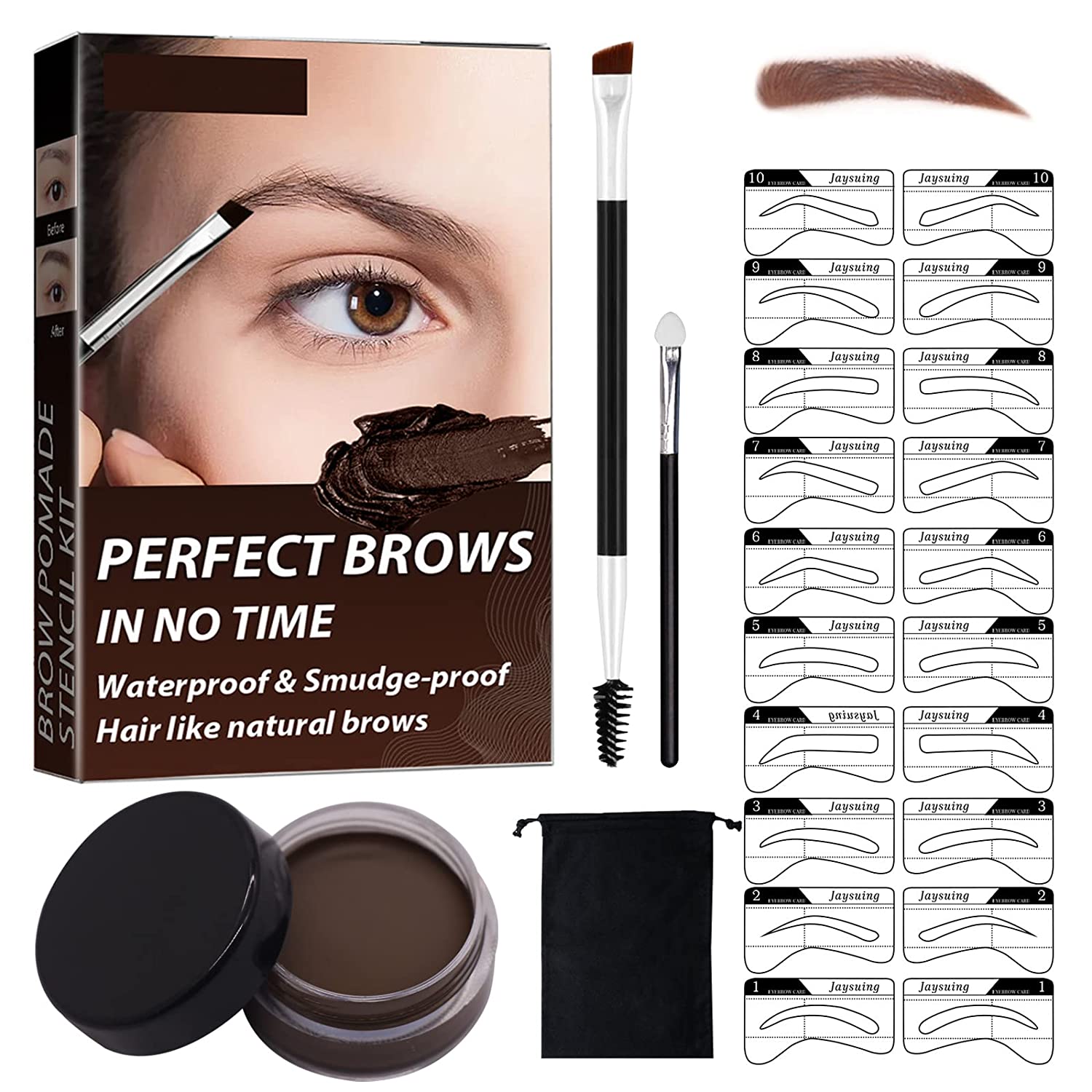 KUIRUNRX Eyebrow Stamp Stencil Set, Eyebrow Cream, Eyebrow Stamp Set, 20 Reusable Eyebrow Templates, 2 Eyebrow Brushes, for Beginners Eyebrow Pencil Set (Light Brown), brown ‎light