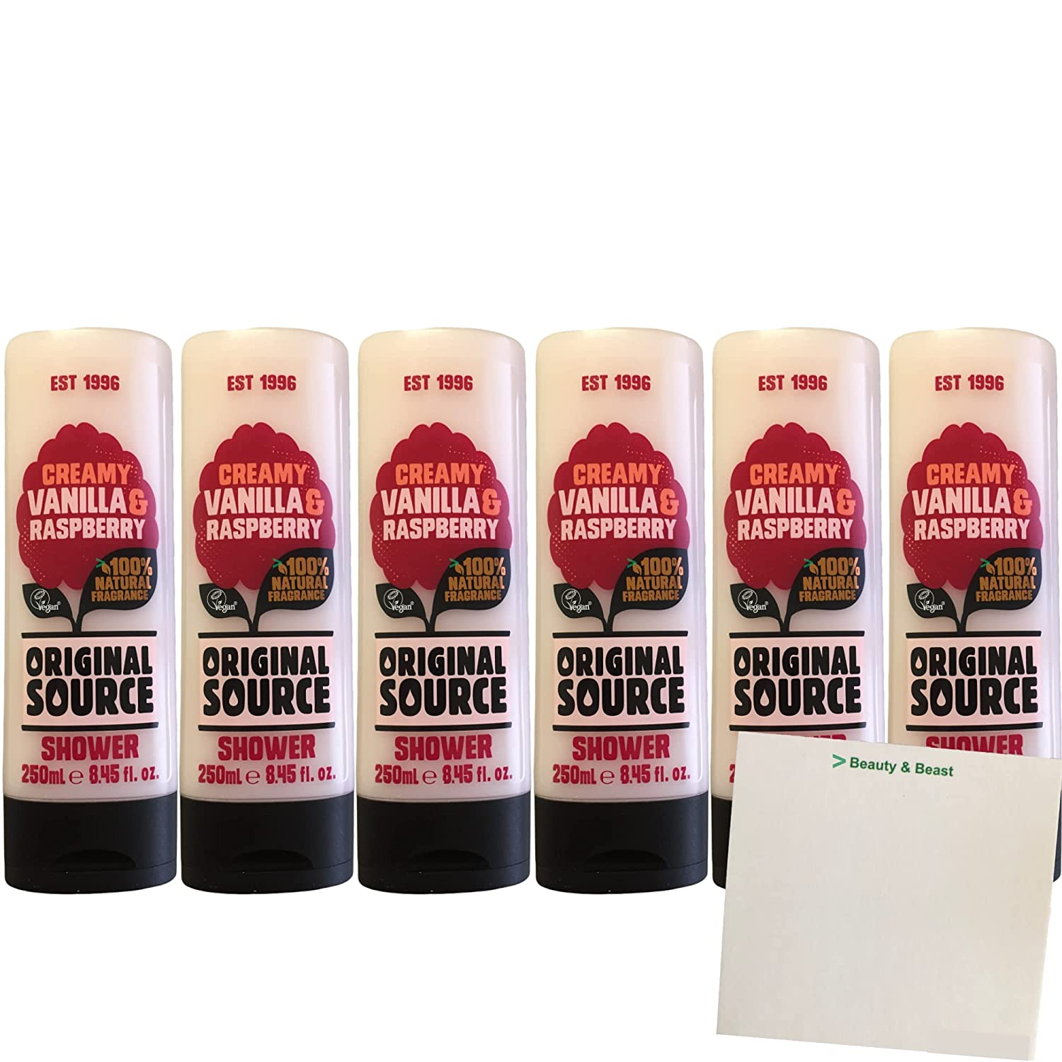 Original Source Creamy Vanilla & Raspberry Shower Gel Pack of 6 (6 x 250 ml Bottles) + usy Block