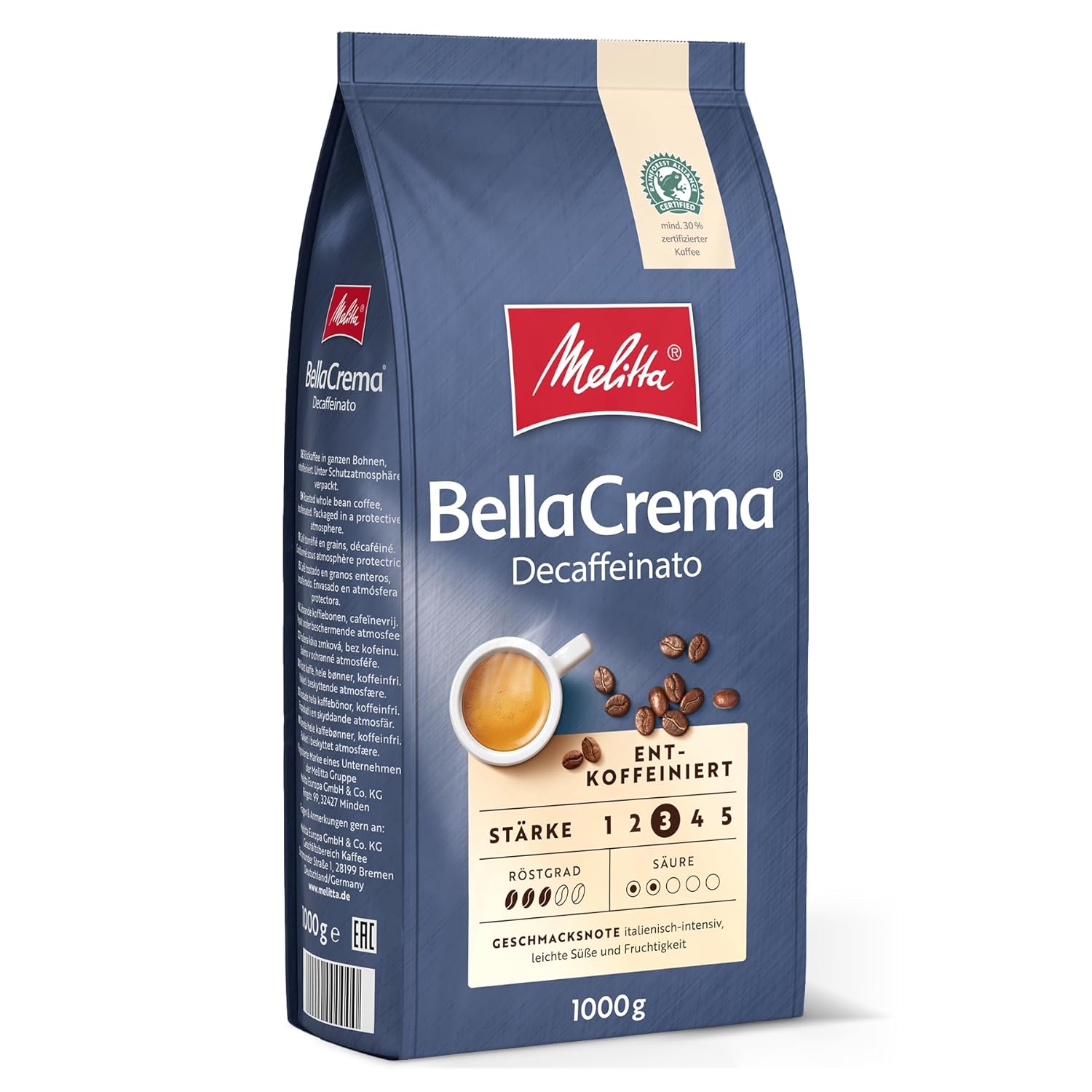 Melitta Bellacrema Decaffeinato entire coffee beans decaffeinated 1kg, uncomfortable, coffee beans for fully automatic coffee machine, caffeine-free, mild roasting, roasted in Germany, strength 3