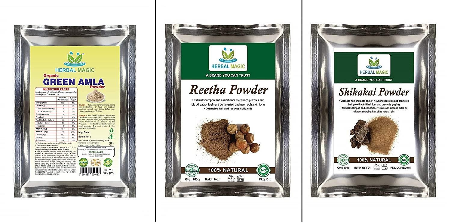 Herbal Magic \'s 100g - Pure & Natural Amla 100g - Reetha & 100g - Shikakai Powder for Conditioner, Growth/Kerb Hair Loss, Anti-Dandruff, Rich in Vitamin C, Whole Plant Used