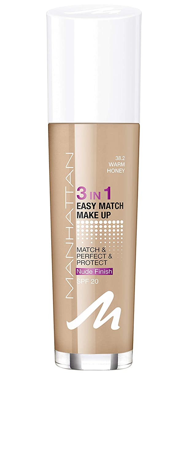 Manhattan 3-in-1 Easy Match Make Up, Oil-Free Foundation for a Flawless Complexion, Colour 38.2 Warm Honey, 30 ml, honey ‎38.2