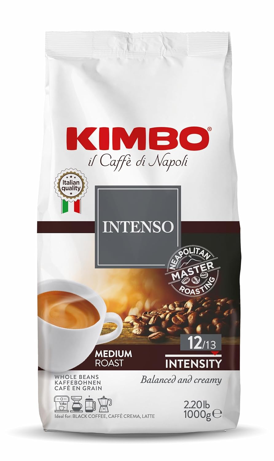 Kimbo Intenso Whole Coffee Beans, Ideal for Espresso, 1 kg Bag