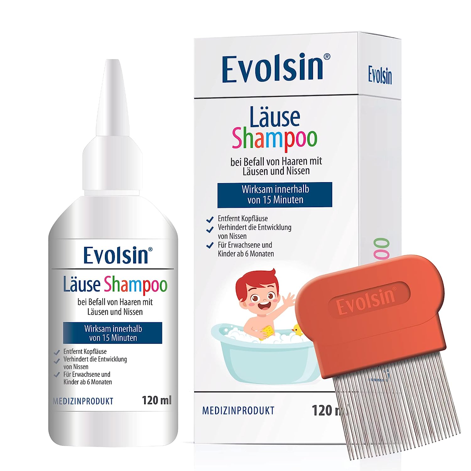 Evolsin Lice Shampoo With Lice Comb for Adults and Children from 6 Months - In Case of Hair with Nits and Head Lice - 120 ml Lice Agent Gentle On The Scalp - Works in 15 Minutes