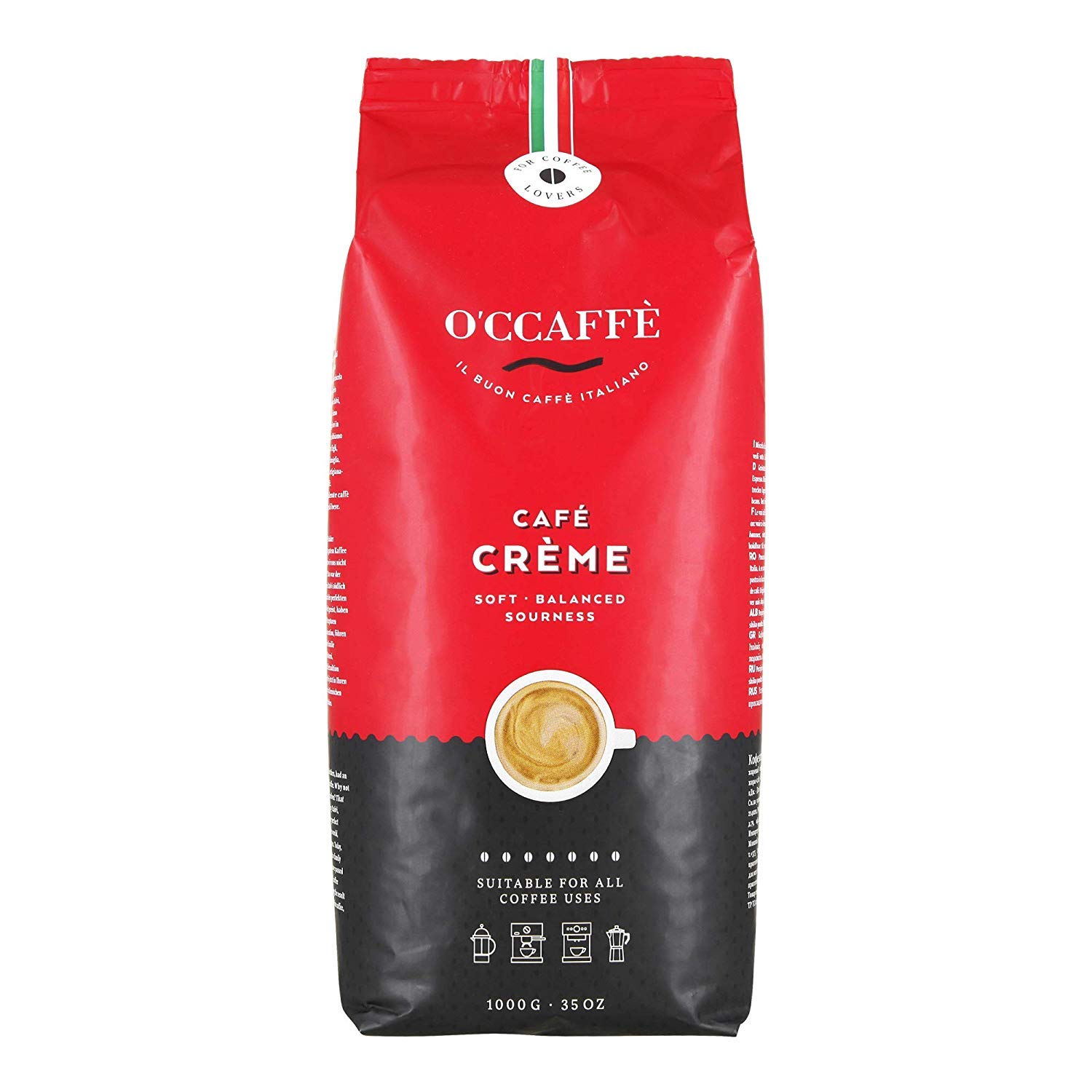 O\'CCAFFÈ 1 x 1 kg Coffee Cream, 50% Robusta - 50% Arabica, Whole Coffee Beans, Drum Roasting from Italy