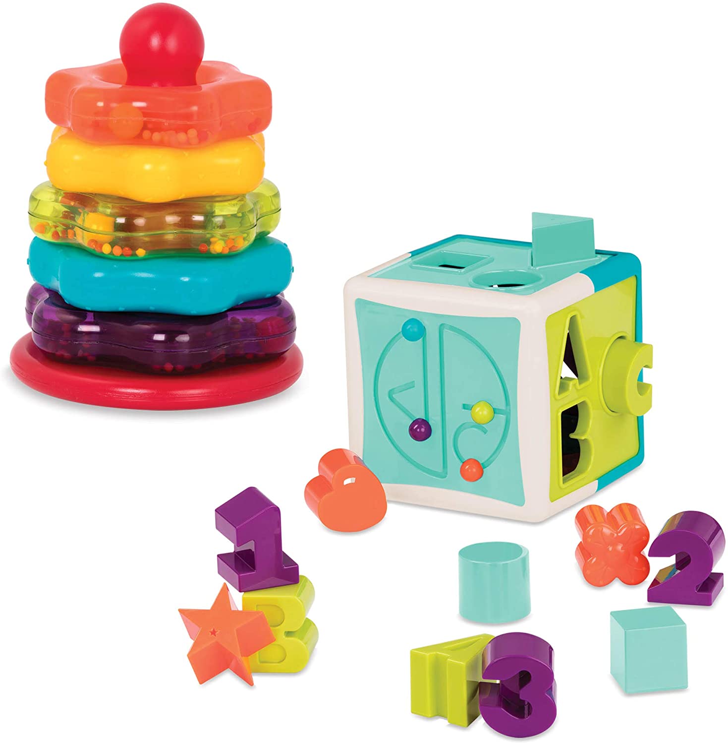 Battat Motor Skills Cube and Stacking Tower with Letters, Numbers - Motor Skills Toy, Plug-in Game, Activity Centre, Educational Toy - Children\'s Baby Toy from 1 Year