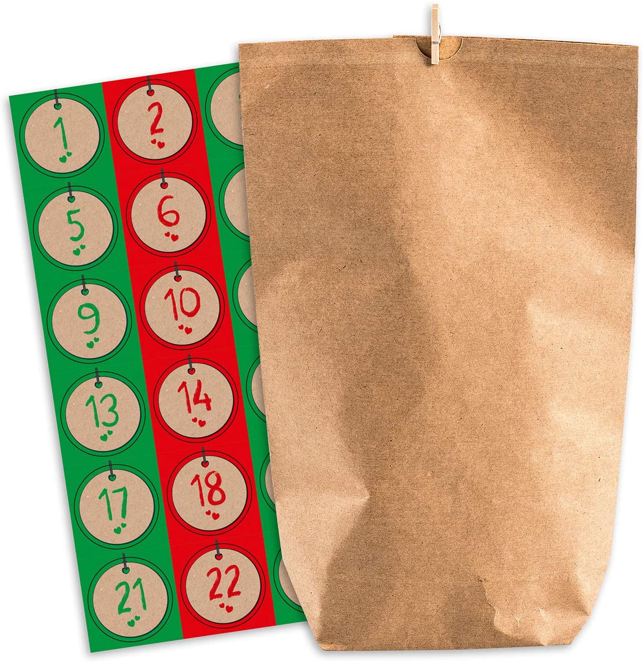 Pajoma Advent Calendar to Fill Tricky 24 Kraft Paper Bags Brown Gift Bags Christmas Calendar Craft Set Including Number Stickers and Pegs