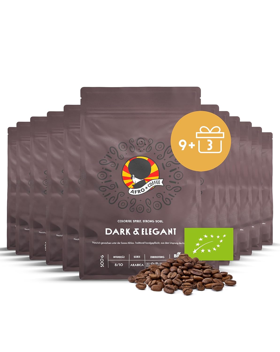 AFRO COFFEE Dark & ​​Elegant I 9+3 Offer 500 g Premium Organic Coffee Beans Fairtrade I 100% Arabica Beans I Coffee from Ethiopia with Notes of Bitter Chocolate I Hand Picked, Dark Roasted, Low Acid