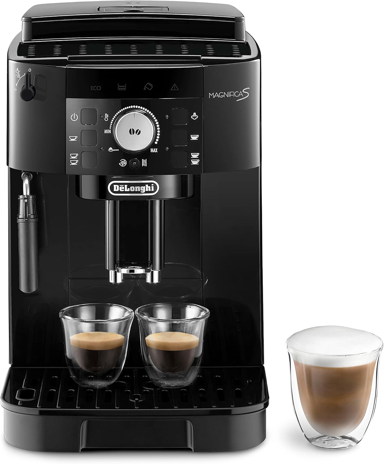 De\'Longhi Magnifica S ECAM11.112.B, Fully Automatic Coffee Machine with Milk Frothing Nozzle for Cappuccinos, with Espresso Direct Selection Buttons and Rotary Control, 2 Cup Function, Black