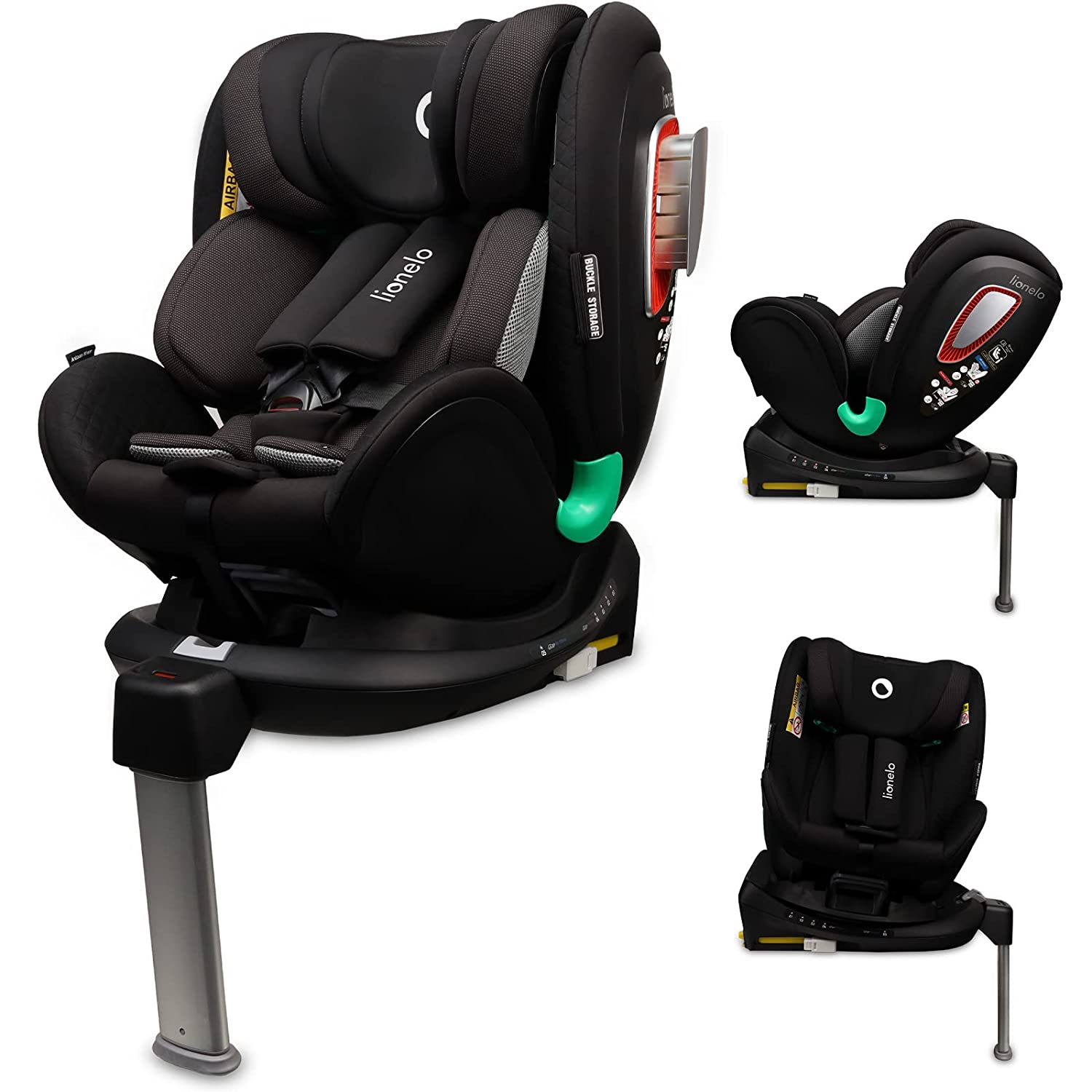 Lionelo Antoon RWF Child Seat Isofix and Support Foot Weight Group 0 to 18 kg 5 Point Harness Forward and Backward 360 Degree Rotating Base Dri-Seat Insert Hood Black
