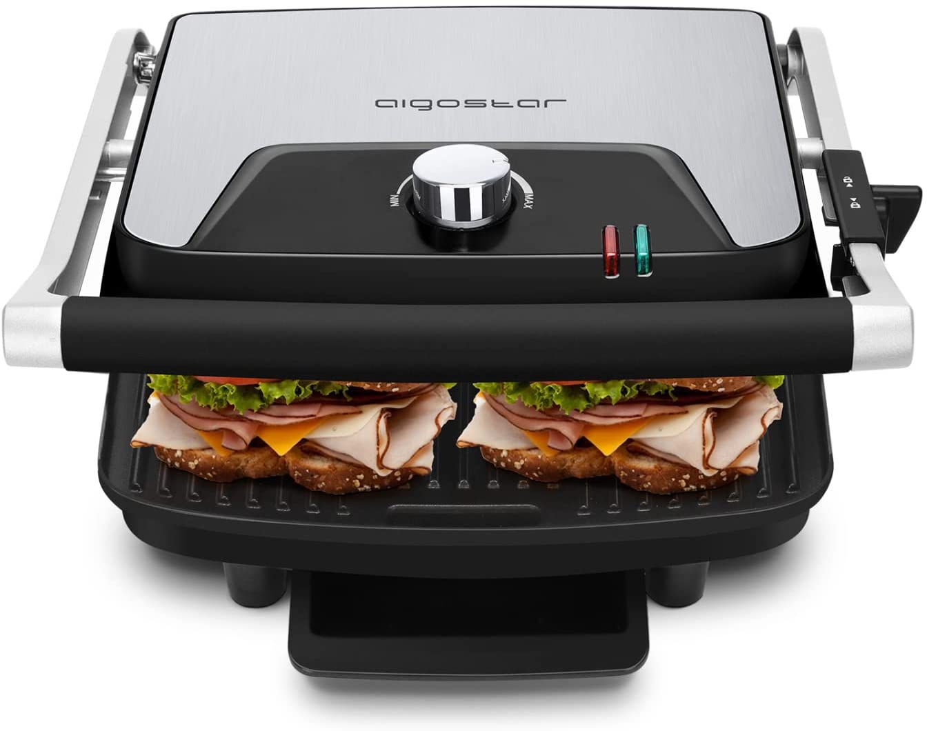Aigostar Samson 30KLU XXL Contact Grill, Panini Grill, Sandwich Maker, 2000 Watts, Stainless Steel with Non-Stick Coating, Opens 180 Degrees, Temperature Control