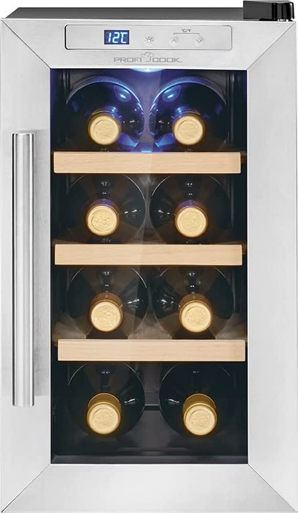 ProfiCook PC-WK 1233 Wine Refrigerator, Wine Refrigerator, Drinks Refrigerator, Bottle Refrigerator for Red Wine, White Wine, Rose, Small, 8 Bottles, LED Display, Stainless Steel Black
