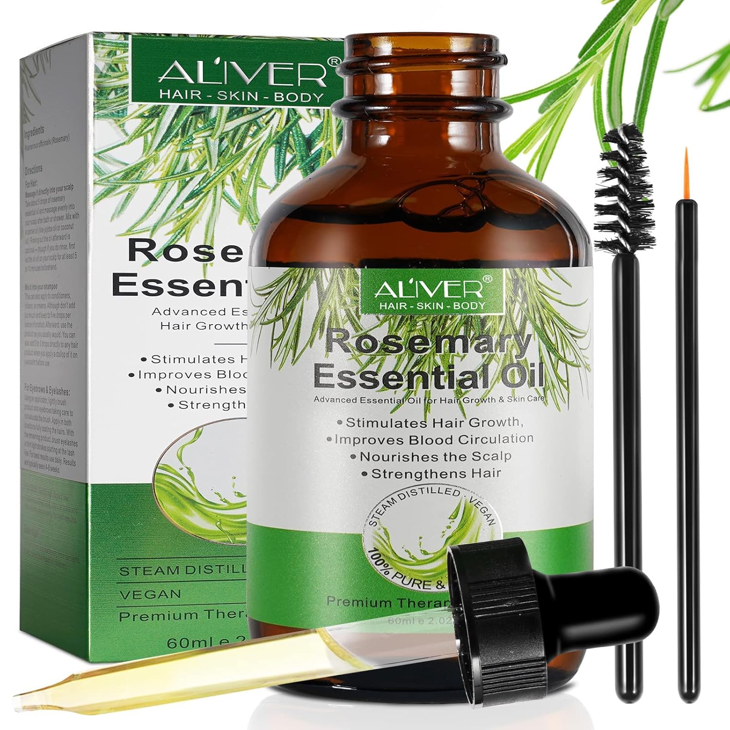 Rosemary Essential Oil for Hair Growth, Rosemary Oil Hair, Prevents Hair Loss and Promotes Hair Growth, for Skin Care, Aromatherapy and DIY, for Men, Women, 60 ml