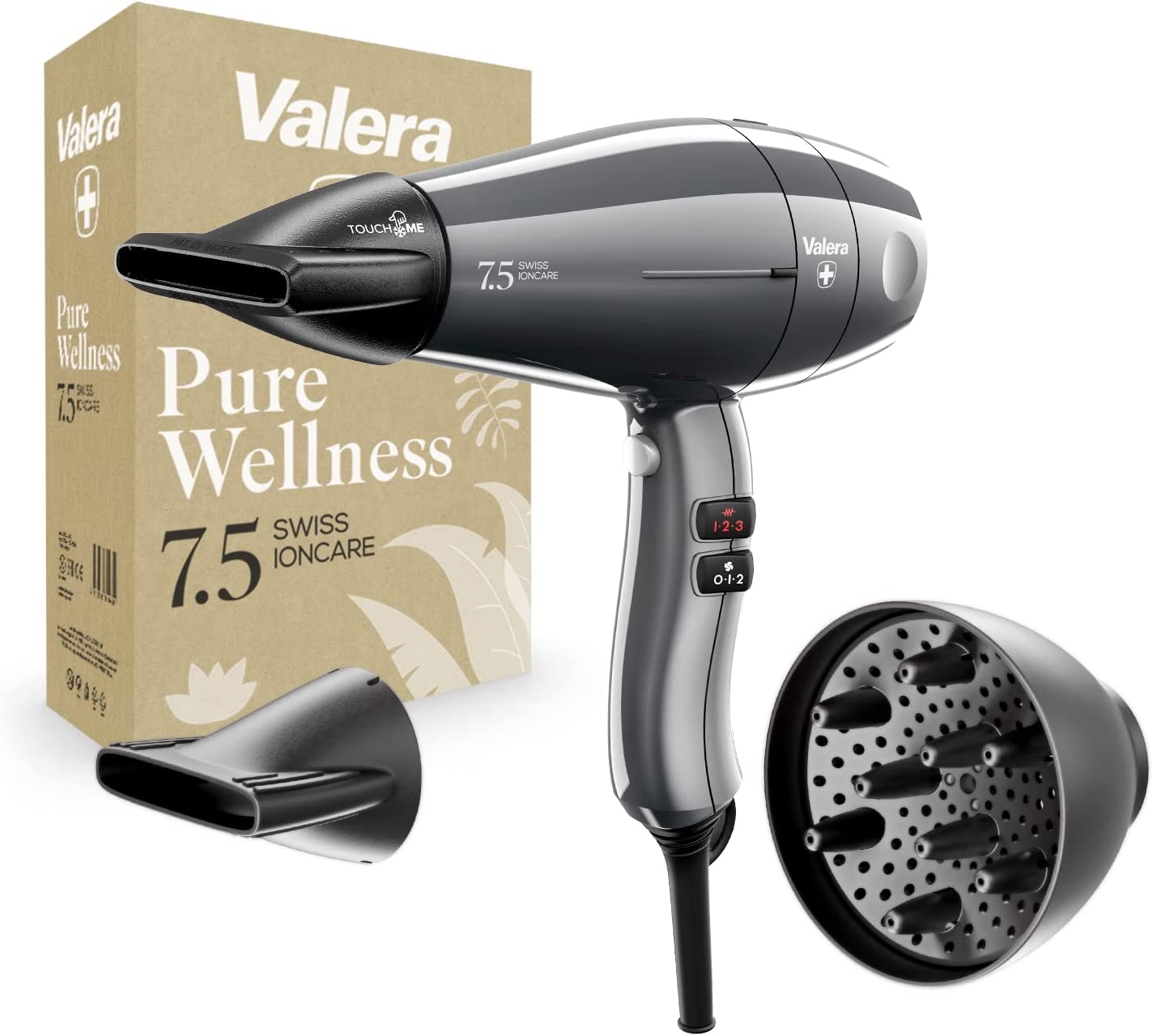 Valera Swiss Ioncare 7.5 Professional Ion Hair Dryer with Curl Diffuser, Super Light, for Quiet and Quick Drying, Sanify Air Purification, 2000 Watt, Timeless Grey
