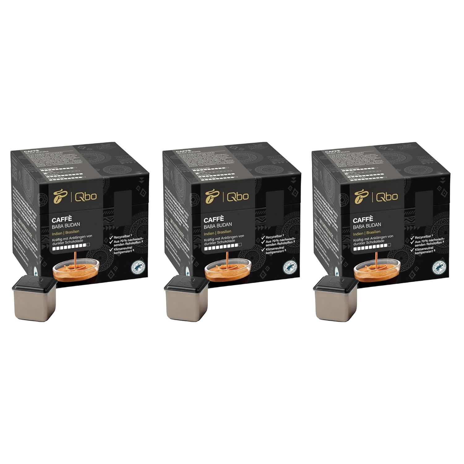Tchibo Qbo Caffè Baba Budan Premium Coffee Capsules, 81 Pieces - 3 x 27 Capsules (Caffè, Intensity 09/10, Strong, Notes of Dark Chocolate), Sustainable, Made from 70% Renewable Raw Materials