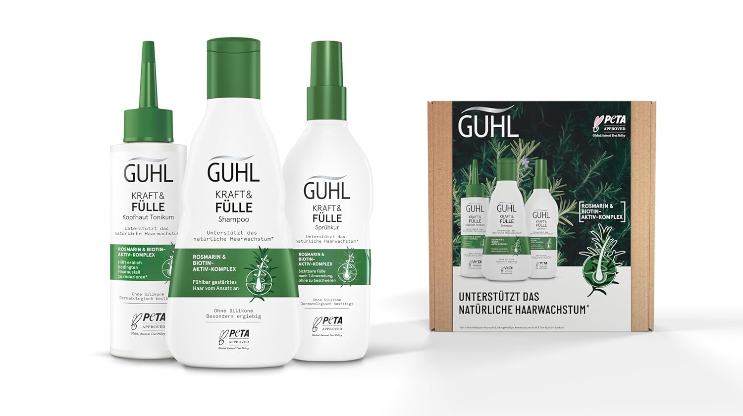 Guhl Kraft & Abundance Value Set – Contents: Shampoo, 250 ml + Scalp Tonic, 125 ml + Spray Treatment, 150 ml – For Thinning Hair Loss Prone Hair