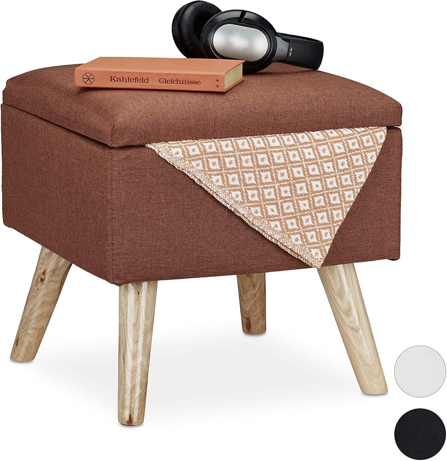 Relaxdays Stool With Storage Space, Faux Linen Cover, Padded, Wooden Legs, 