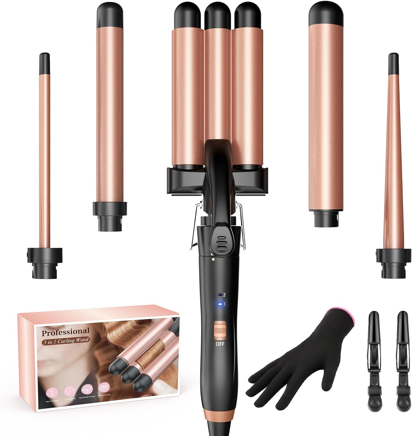 Curling Iron, 3 Barrels, Wave Iron, 5-in-1 Bestope Mix Curling Iron, Large Curls with Adjustable Temperature, Wave Iron for Hair, PTC Quick Heating, Curling Iron Set with Glove and 2 Clips
