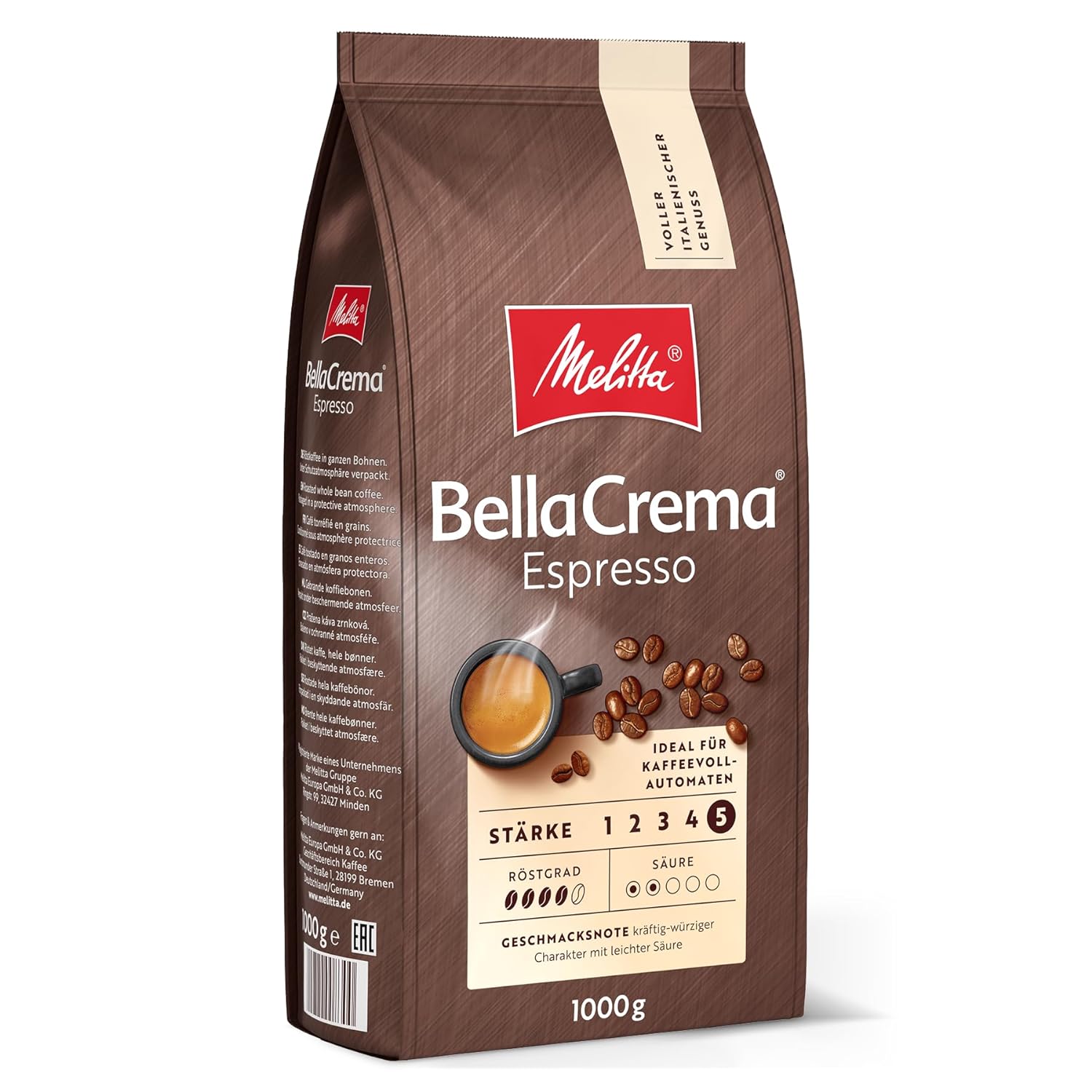 Melitta Bellacrema Espresso entire coffee beans 1kg, uncomfortable, coffee beans for fully automatic coffee, strong roasting, roasted in Germany, strength 5