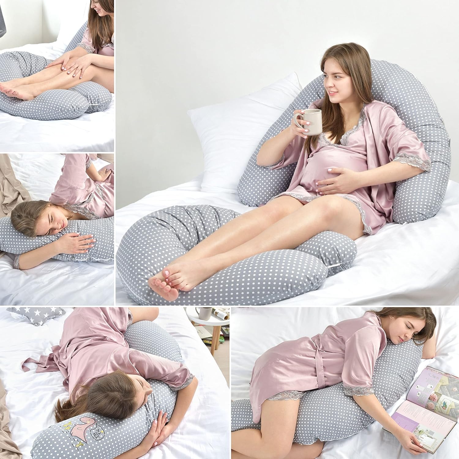 Sei Design Nursing Pillow Pregnancy Pillow with Zip Cover 190 x 30 cm - 170 x 30 cm Filling: EPS micro beads Dotted Taupe Wooden Button