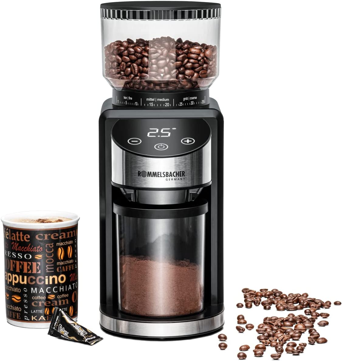 Rommelsbacher EKM 400 Coffee Grinder - Black/Stainless Steel Cone Grinder, Anti-Static Function, 12 Servings, Holder for Filter Holder, Grinding Level in 35 Levels, Bean Container 220 g, Powder Container 130 Watt