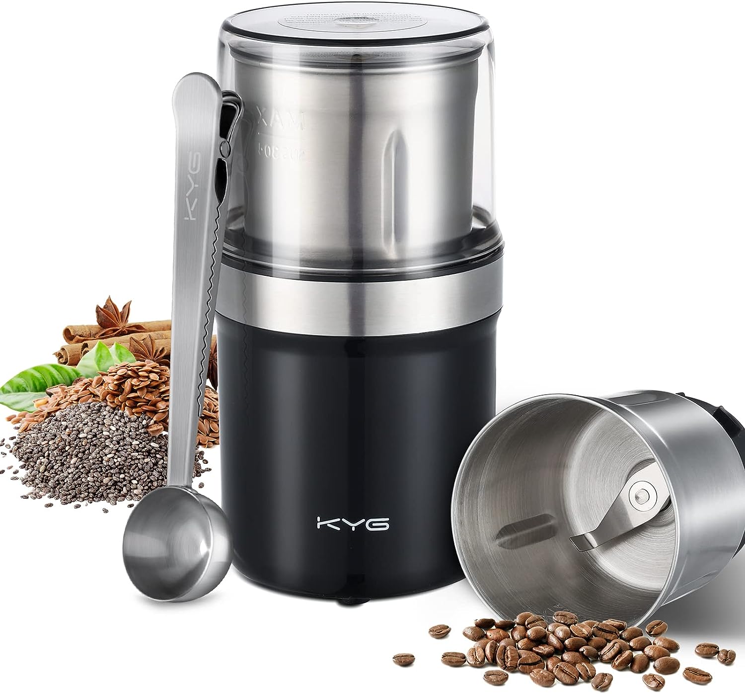 KYG Electric Coffee Grinder with Removable Stainless Steel Container, 300 W Electric Coffee Bean Mill, Spice Mill with 100 g Capacity, for Coffee Beans, Herbs, Nuts, Grains