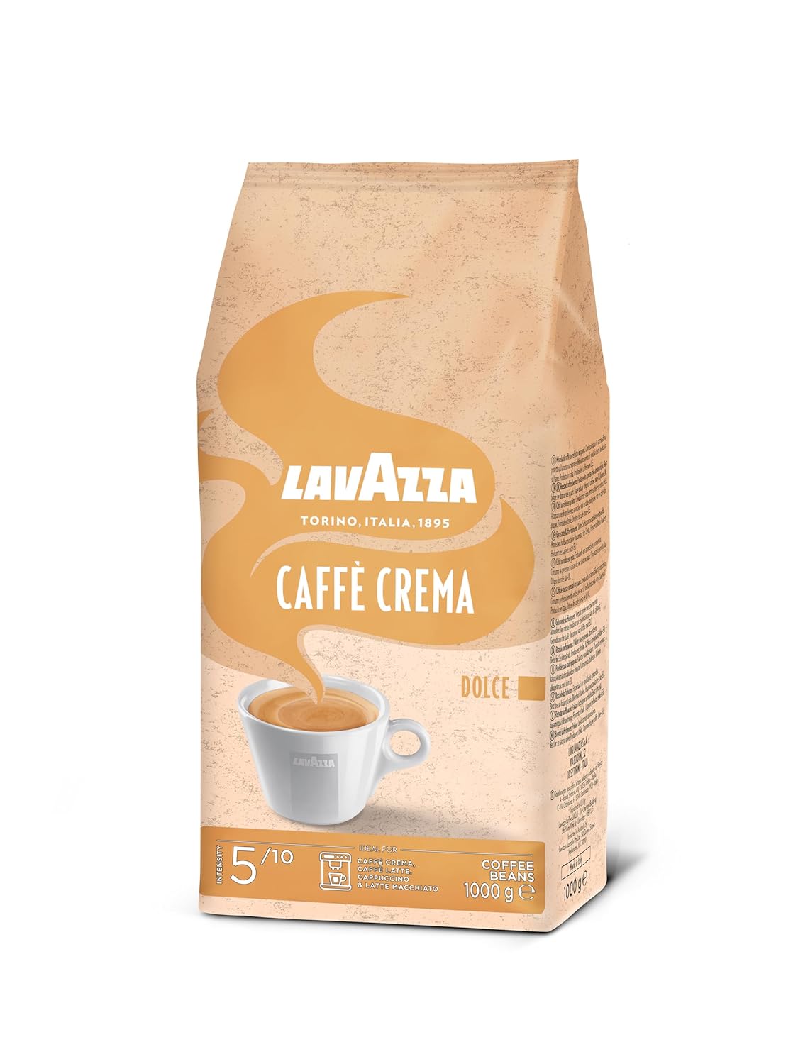 Lavazza, Caffè Crema Dolce, Arabica and Robusta Coffee Beans, Ideal for Espresso Machines, with Dried Fruit Flavor, Nutty Flavor, Intensity 5/10, Medium Roast, 1 kg Pack