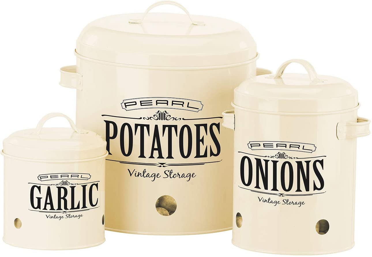 Rosenstein & Söhne Potato Containers: Set of 3 Retro Look Storage Containers with Lids & Carry Handles, Antique White (Storage Container for Potatoes)