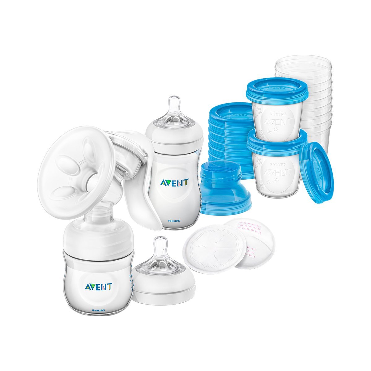 Philips AVENT Manual breast pump, SCD221/00 Breastfeeding Set with Life-like Bottle Storage Cups and Breast Pads Colour One Size