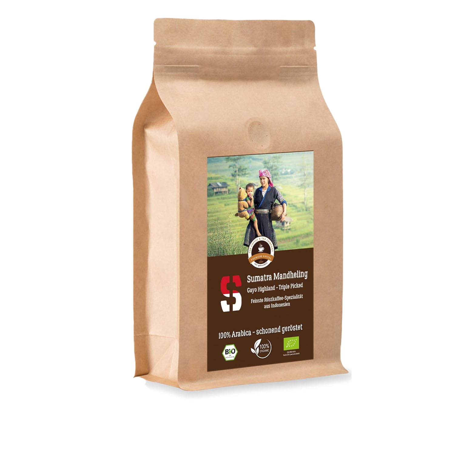 Coffee Crema Bio Sumatra Highland - 1000 g Whole Bean - for Fully Automatic Coffee Machine, Coffee Grinder, Hand Mill - Top Coffee - Roasted Coffee from Organic Cultivation