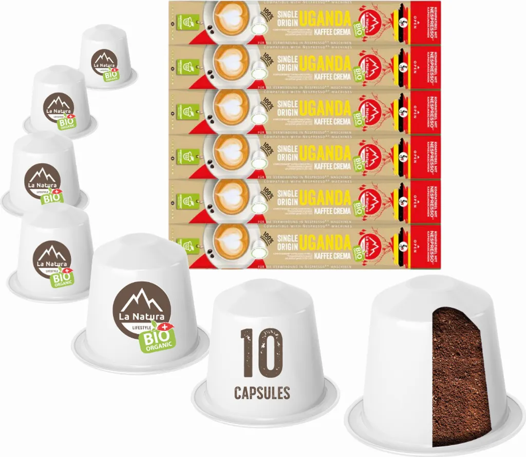 Uganda Plantation Single Origin Coffee - 60 Coffee Capsules | La Natura Lifestyle Organic 306g | Bio-based | Nespresso®*³ compatible
