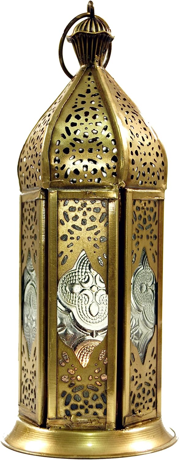 GURU SHOP Oriental Metal / Glass Lantern in Morrocan Design, Vintage Lantern, Yellow, 20 x 8 x 8 cm, Oriental Lanterns